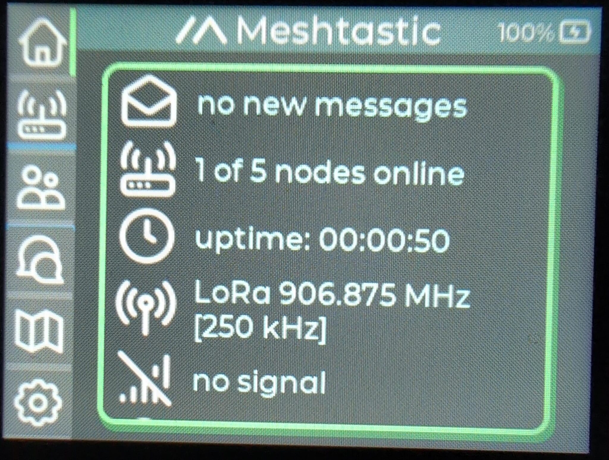 Meshtastic home screen on a handheld LoRa device